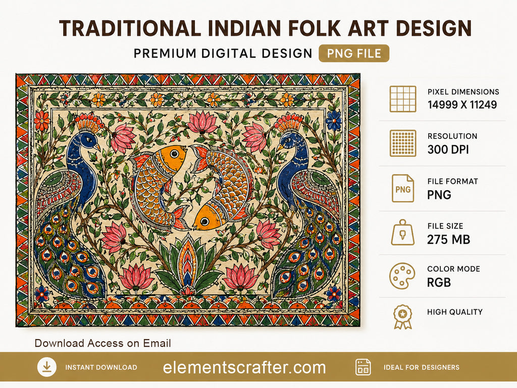 Premium Traditional Indian Folk Art Peacock and Koi Fish Madhubani Style Floral Painting, High Resolution PNG Digital Artwork, Decorative Indian Wall Art Design, 14999x11249 Pixels, 300 DPI