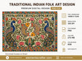 Premium Traditional Indian Folk Art Peacock and Koi Fish Madhubani Style Floral Painting, High Resolution PNG Digital Artwork, Decorative Indian Wall Art Design, 14999x11249 Pixels, 300 DPI