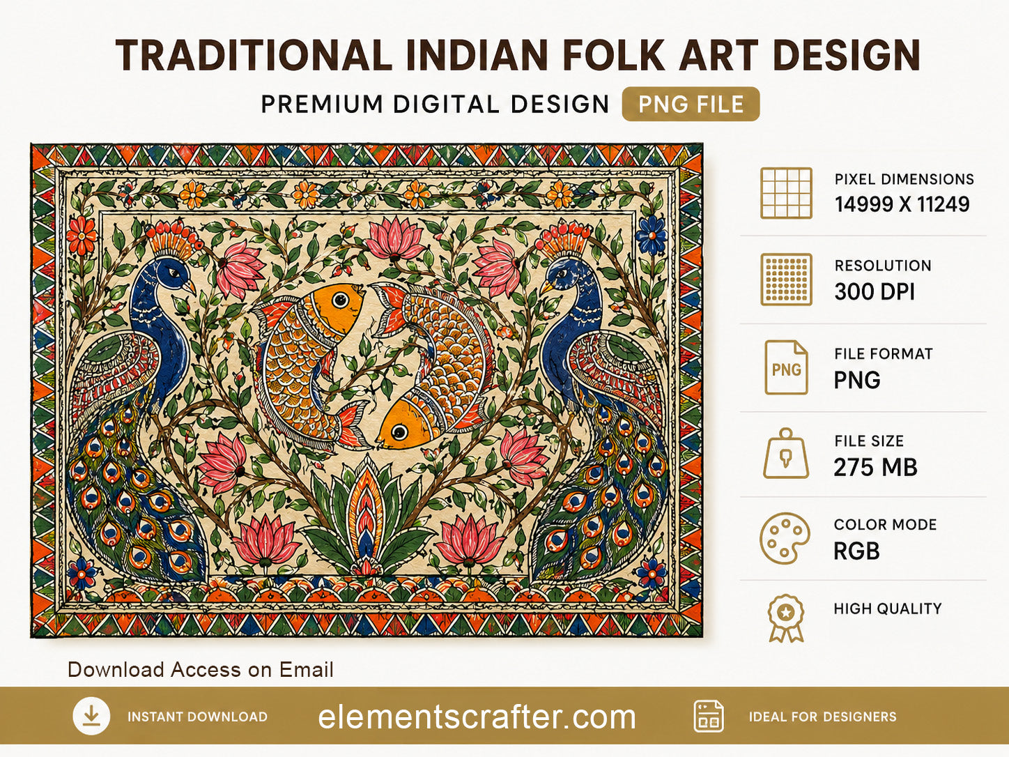 Premium Traditional Indian Folk Art Peacock and Koi Fish Madhubani Style Floral Painting, High Resolution PNG Digital Artwork, Decorative Indian Wall Art Design, 14999x11249 Pixels, 300 DPI