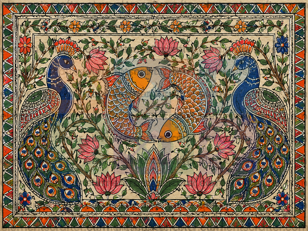 Premium Traditional Indian Folk Art Peacock and Koi Fish Madhubani Style Floral Painting, High Resolution PNG Digital Artwork, Decorative Indian Wall Art Design, 14999x11249 Pixels, 300 DPI