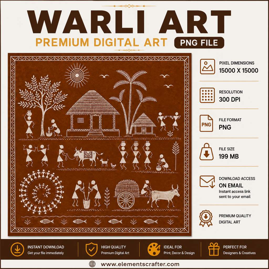 Traditional Warli Tribal Village Scene with Hut, Farmers, Dancing Figures, Bullock Cart, Trees and Tribal Life, Premium Indian Folk Art PNG, High Resolution 15000x15000 Pixels, 300 DPI