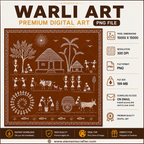 Traditional Warli Tribal Village Scene with Hut, Farmers, Dancing Figures, Bullock Cart, Trees and Tribal Life, Premium Indian Folk Art PNG, High Resolution 15000x15000 Pixels, 300 DPI