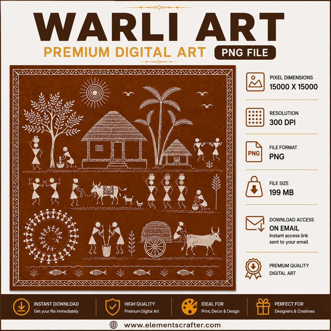 Traditional Warli Tribal Village Scene with Hut, Farmers, Dancing Figures, Bullock Cart, Trees and Tribal Life, Premium Indian Folk Art PNG, High Resolution 15000x15000 Pixels, 300 DPI