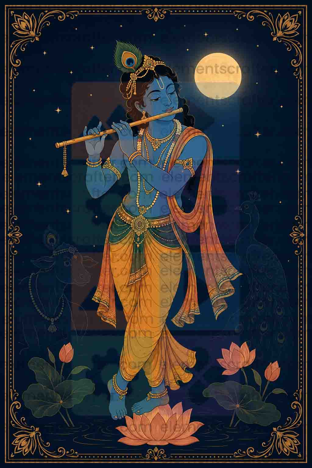 Traditional Lord Krishna Playing Flute PNG | Premium Hindu Spiritual Wall Art | High Resolution Krishna Digital Artwork