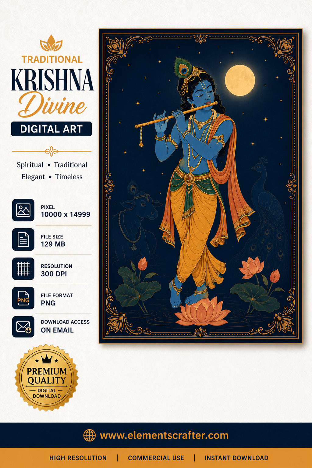 Traditional Lord Krishna playing flute beneath the full moon with peacock feather, lotus flowers, sacred cow and peacock, premium Hindu spiritual digital wall art, ultra high resolution PNG illustration