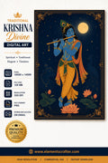 Traditional Lord Krishna playing flute beneath the full moon with peacock feather, lotus flowers, sacred cow and peacock, premium Hindu spiritual digital wall art, ultra high resolution PNG illustration