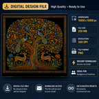 Tree of Life mosaic folk art digital download with peacocks and deer on black background, high resolution 300 DPI PNG printable wall art