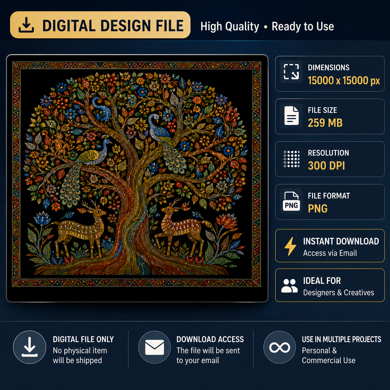 Tree of Life mosaic folk art digital download with peacocks and deer on black background, high resolution 300 DPI PNG printable wall art
