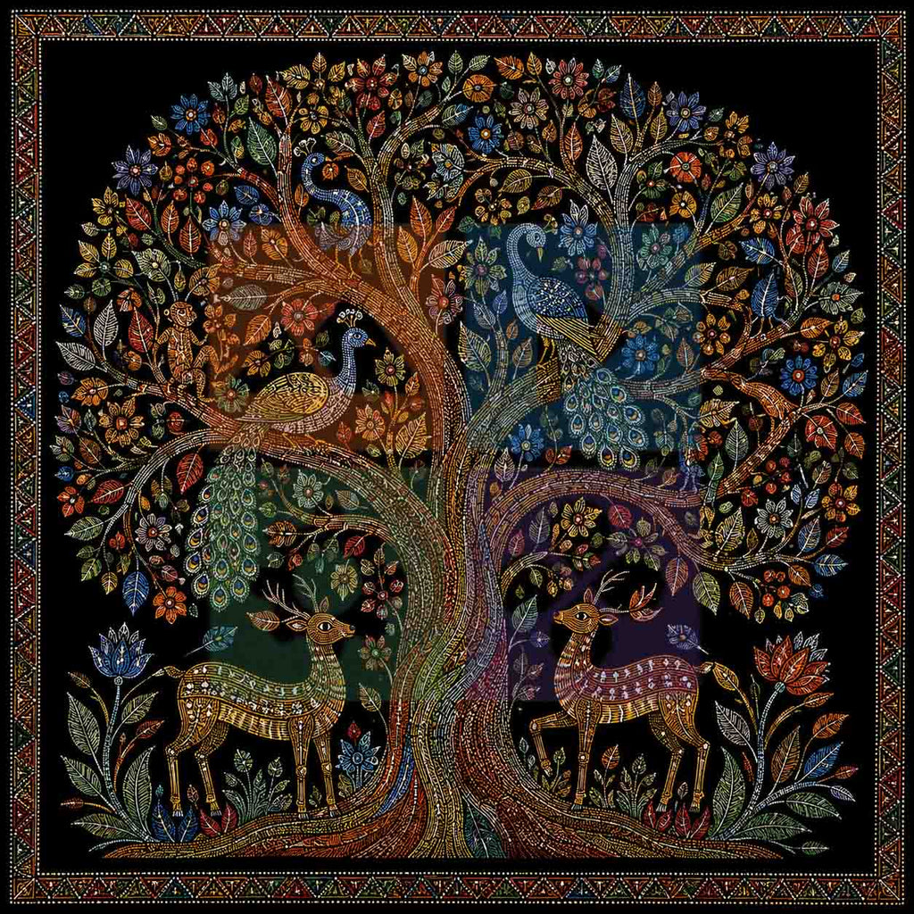 Tree of Life Mosaic Wall Art PNG | Peacock & Deer Folk Art Digital Download | Boho Ethnic Wall Decor | Printable Poster | Commercial Use | 15000x15000px 300DPI