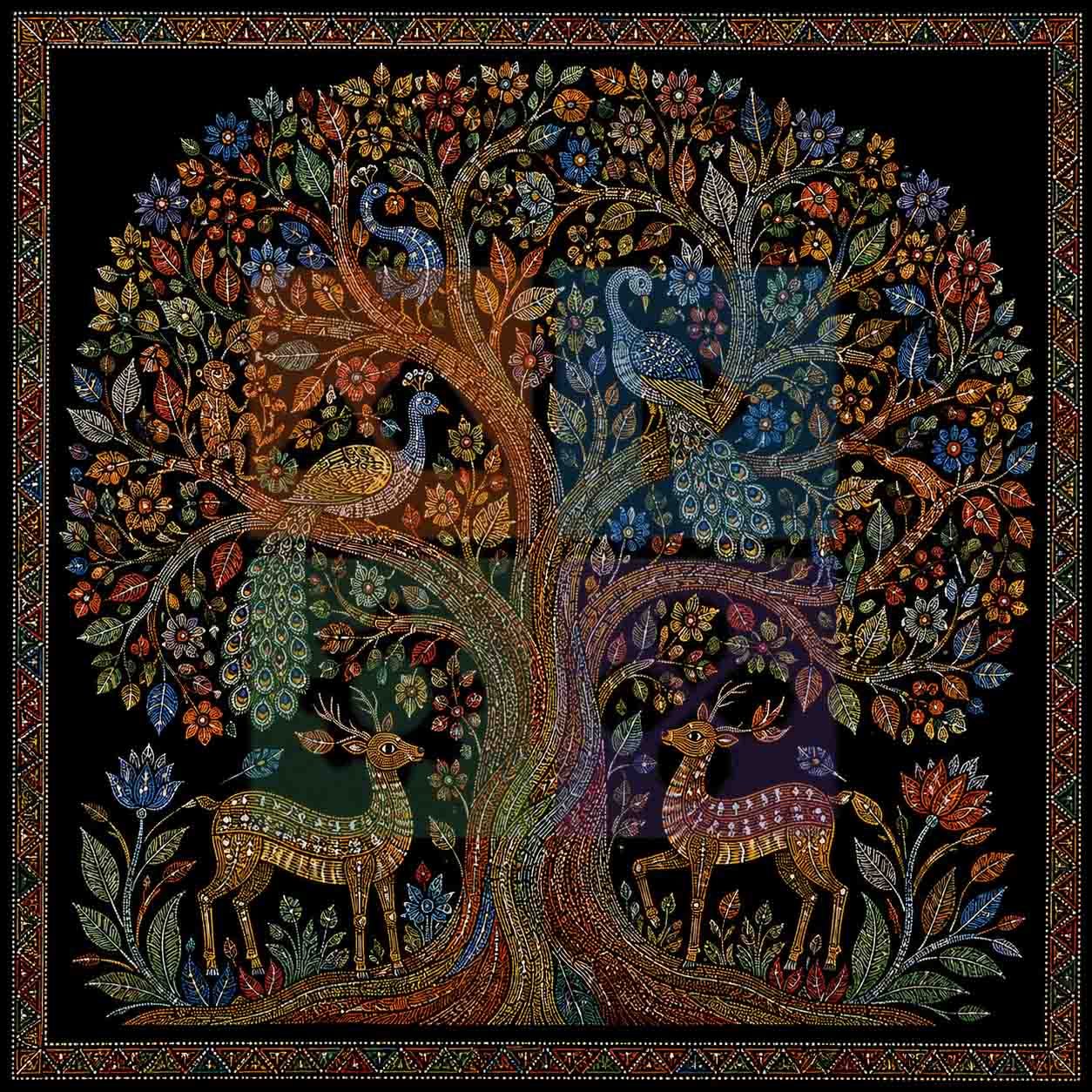 Tree of Life Mosaic Wall Art PNG | Peacock & Deer Folk Art Digital Download | Boho Ethnic Wall Decor | Printable Poster | Commercial Use | 15000x15000px 300DPI
