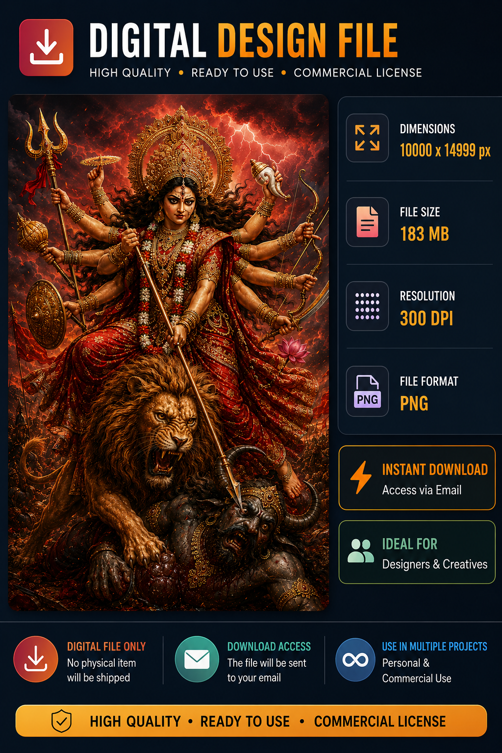 Goddess Durga Mahishasura Mardini digital art riding lion slaying demon, ten armed Hindu deity warrior painting, high resolution 300 DPI PNG wall art
