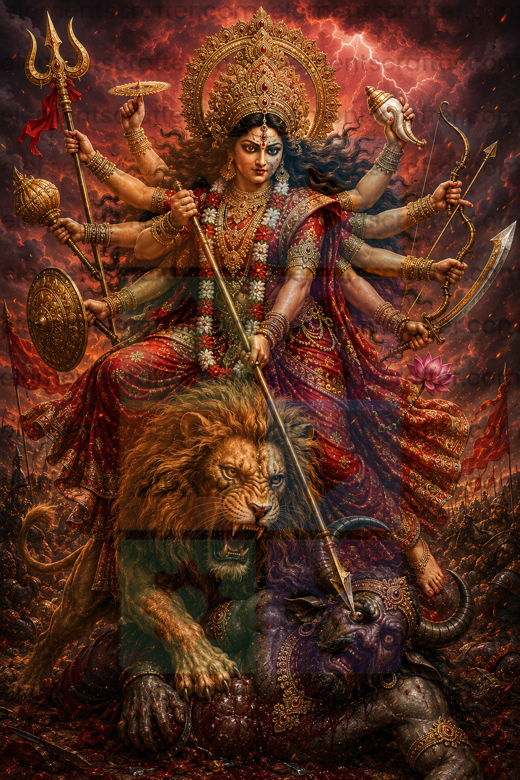 Maa Durga Mahishasura Mardini PNG – Goddess Warrior Digital Wall Art