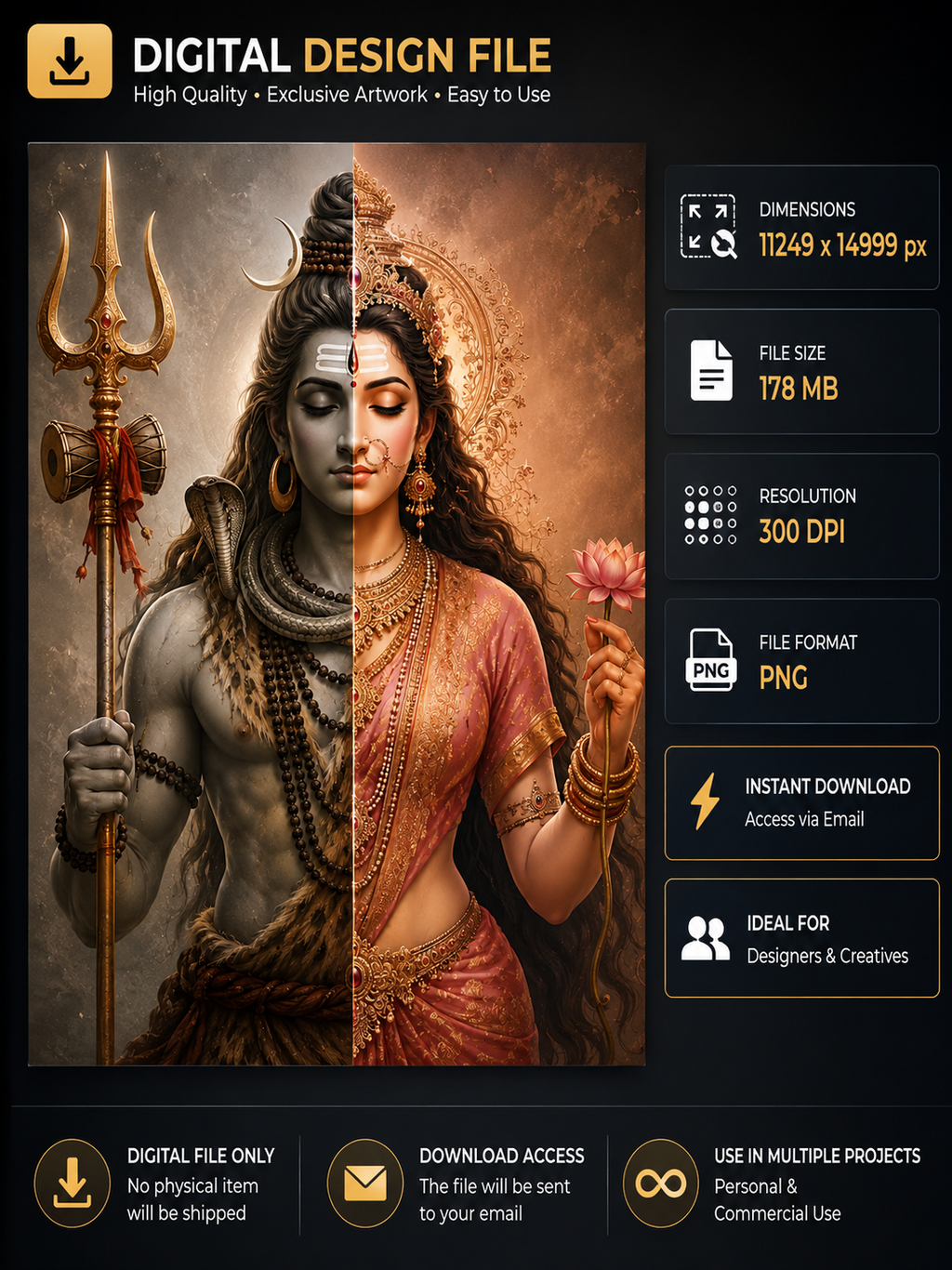 Ardhanarishvara digital art portrait, half Lord Shiva half Goddess Parvati, divine masculine feminine union artwork, high resolution 300 DPI PNG wall art