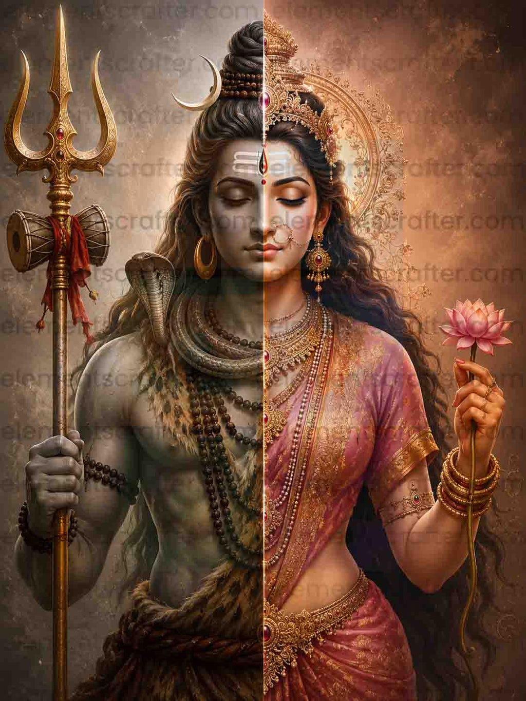 Ardhanarishvara Shiv Shakti Digital Art PNG | Half Shiva Half Parvati Portrait | Divine Union Hindu Mythology Wall Art | Trishul Lotus Spiritual Poster | Commercial Use | 11249x14999px 300DPI