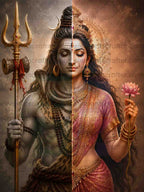 Ardhanarishvara Shiv Shakti Digital Art PNG | Half Shiva Half Parvati Portrait | Divine Union Hindu Mythology Wall Art | Trishul Lotus Spiritual Poster | Commercial Use | 11249x14999px 300DPI