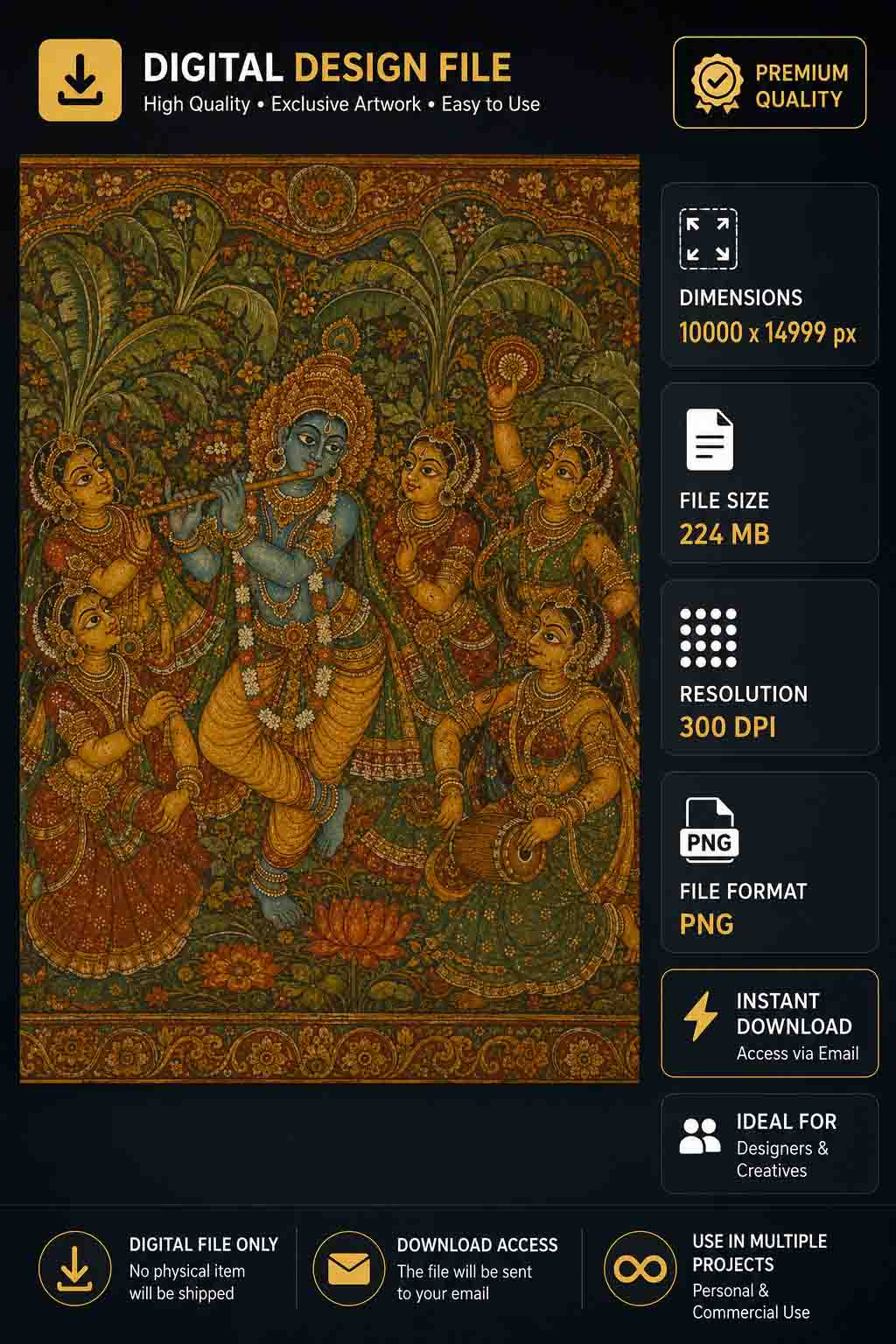 Lord Krishna with Gopis Digital Art PNG | Krishna Playing Flute Vintage Mural | Radha Krishna Raas Leela Art | Tanjore Style Poster | 10000x14999px 300DPI