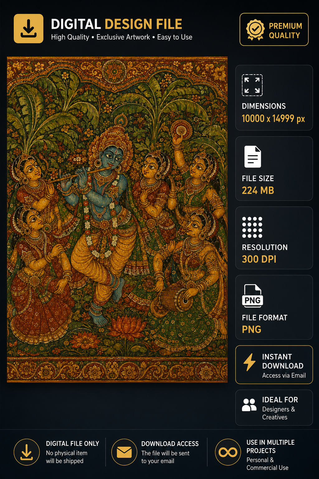 Lord Krishna playing flute surrounded by gopis, vintage mural style digital art painting with floral border, high resolution 300 DPI PNG wall art