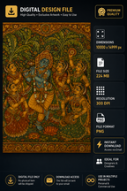 Lord Krishna playing flute surrounded by gopis, vintage mural style digital art painting with floral border, high resolution 300 DPI PNG wall art