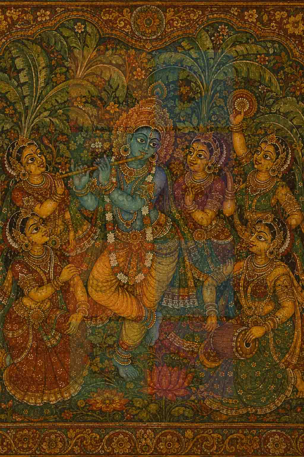 Lord Krishna with Gopis Digital Art PNG | Krishna Playing Flute Vintage Mural Painting | Radha Krishna Raas Leela Wall Art | Tanjore Style Poster | Commercial Use | 10000x14999px 300DPI