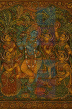 Lord Krishna with Gopis Digital Art PNG | Krishna Playing Flute Vintage Mural | Radha Krishna Raas Leela Art | Tanjore Style Poster | 10000x14999px 300DPI