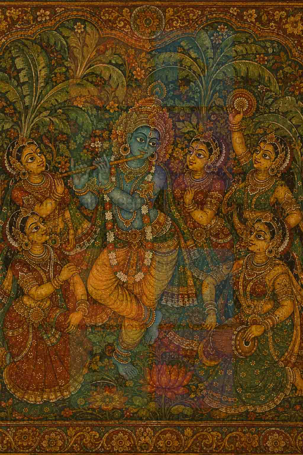 Lord Krishna with Gopis Digital Art PNG | Krishna Playing Flute Vintage Mural | Radha Krishna Raas Leela Art | Tanjore Style Poster | 10000x14999px 300DPI