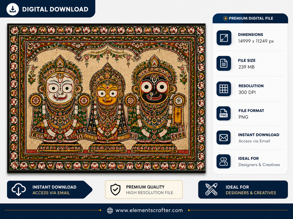 Lord Jagannath Balabhadra and Subhadra digital art, traditional Odisha Pattachitra style painting with floral border, high resolution 300 DPI PNG wall art