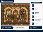 Lord Jagannath Balabhadra and Subhadra digital art, traditional Odisha Pattachitra style painting with floral border, high resolution 300 DPI PNG wall art
