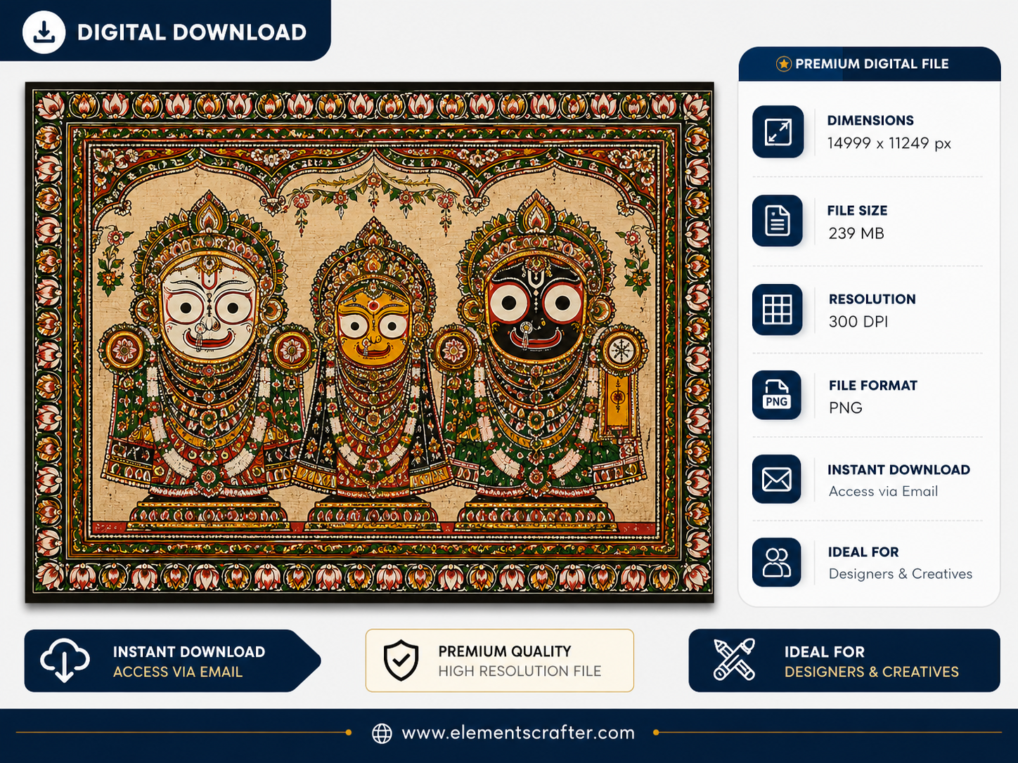 Lord Jagannath Balabhadra and Subhadra digital art, traditional Odisha Pattachitra style painting with floral border, high resolution 300 DPI PNG wall art