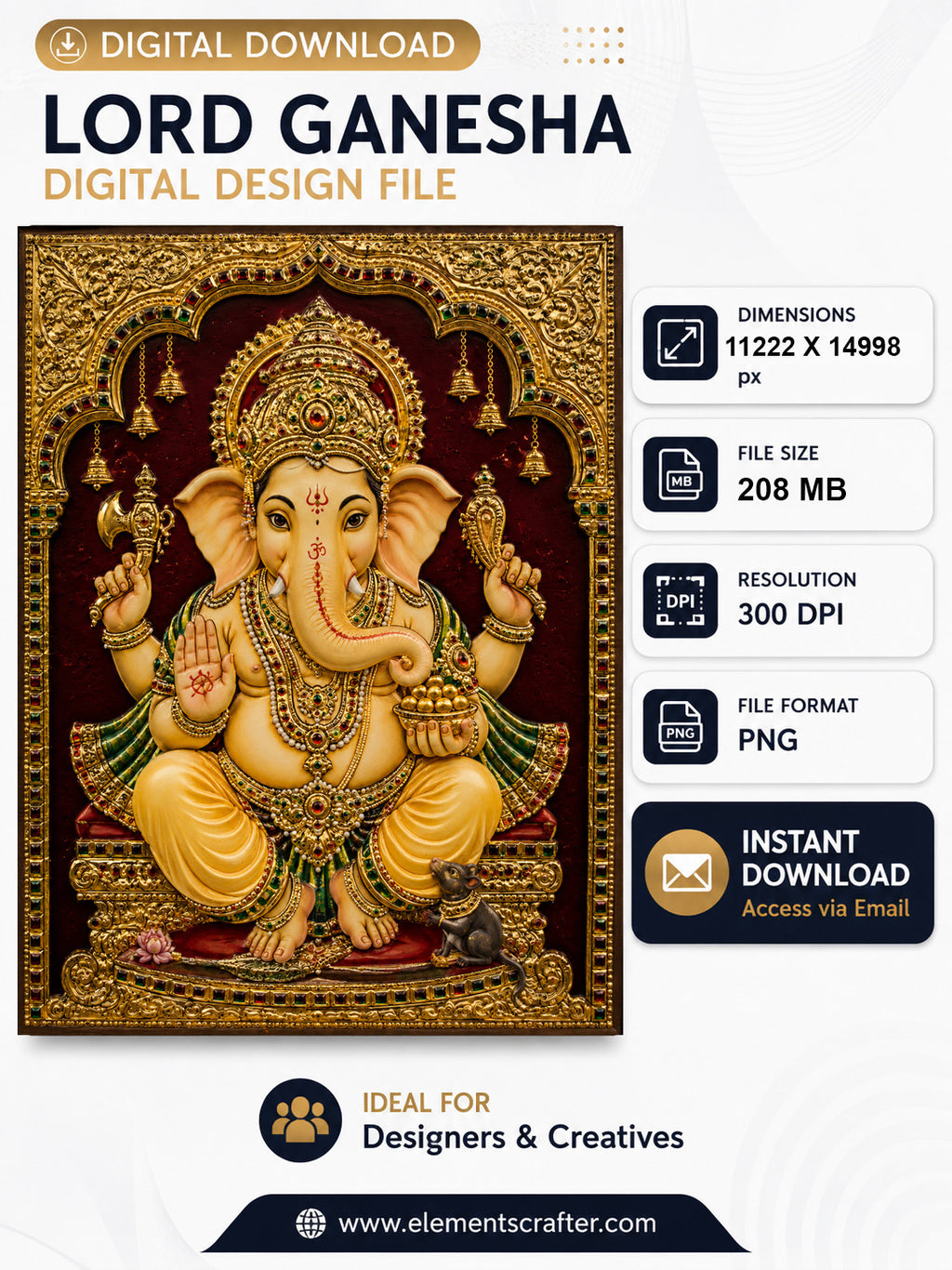 Lord Ganesha digital art in golden Tanjore style relief, ornate temple arch with gold jewelry and mouse, high resolution 300 DPI PNG wall art