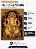 Lord Ganesha digital art in golden Tanjore style relief, ornate temple arch with gold jewelry and mouse, high resolution 300 DPI PNG wall art