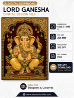 Lord Ganesha digital art in golden Tanjore style relief, ornate temple arch with gold jewelry and mouse, high resolution 300 DPI PNG wall art