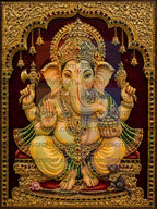 Lord Ganesha digital art in golden Tanjore style relief, ornate temple arch with gold jewelry and mouse, high resolution 300 DPI PNG wall art