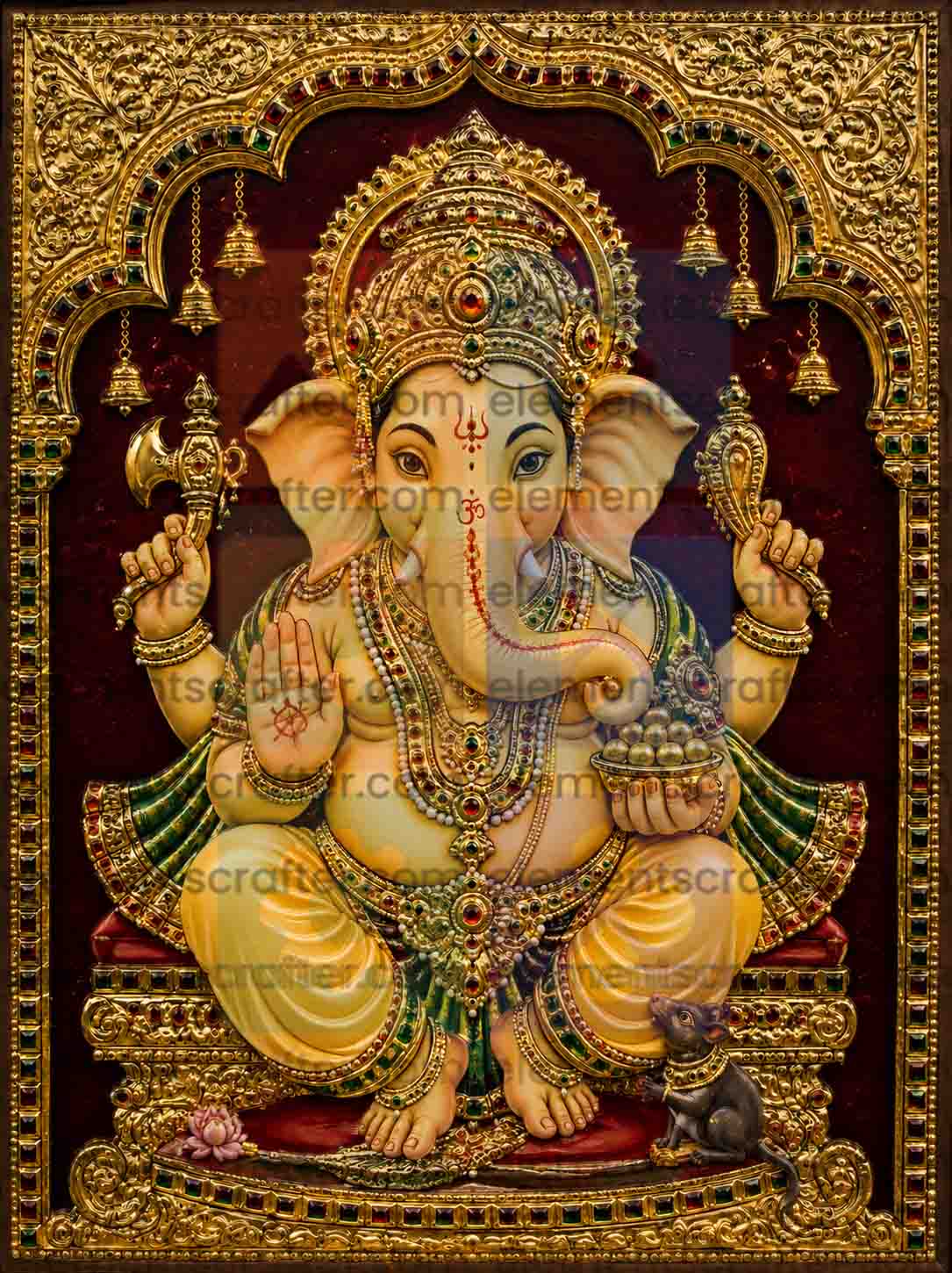 Lord Ganesha digital art in golden Tanjore style relief, ornate temple arch with gold jewelry and mouse, high resolution 300 DPI PNG wall art
