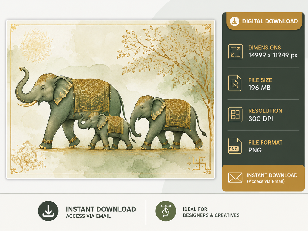 Elephant family watercolor digital art with gold mandala patterns, mother and baby elephants walking, high resolution 300 DPI PNG wall art