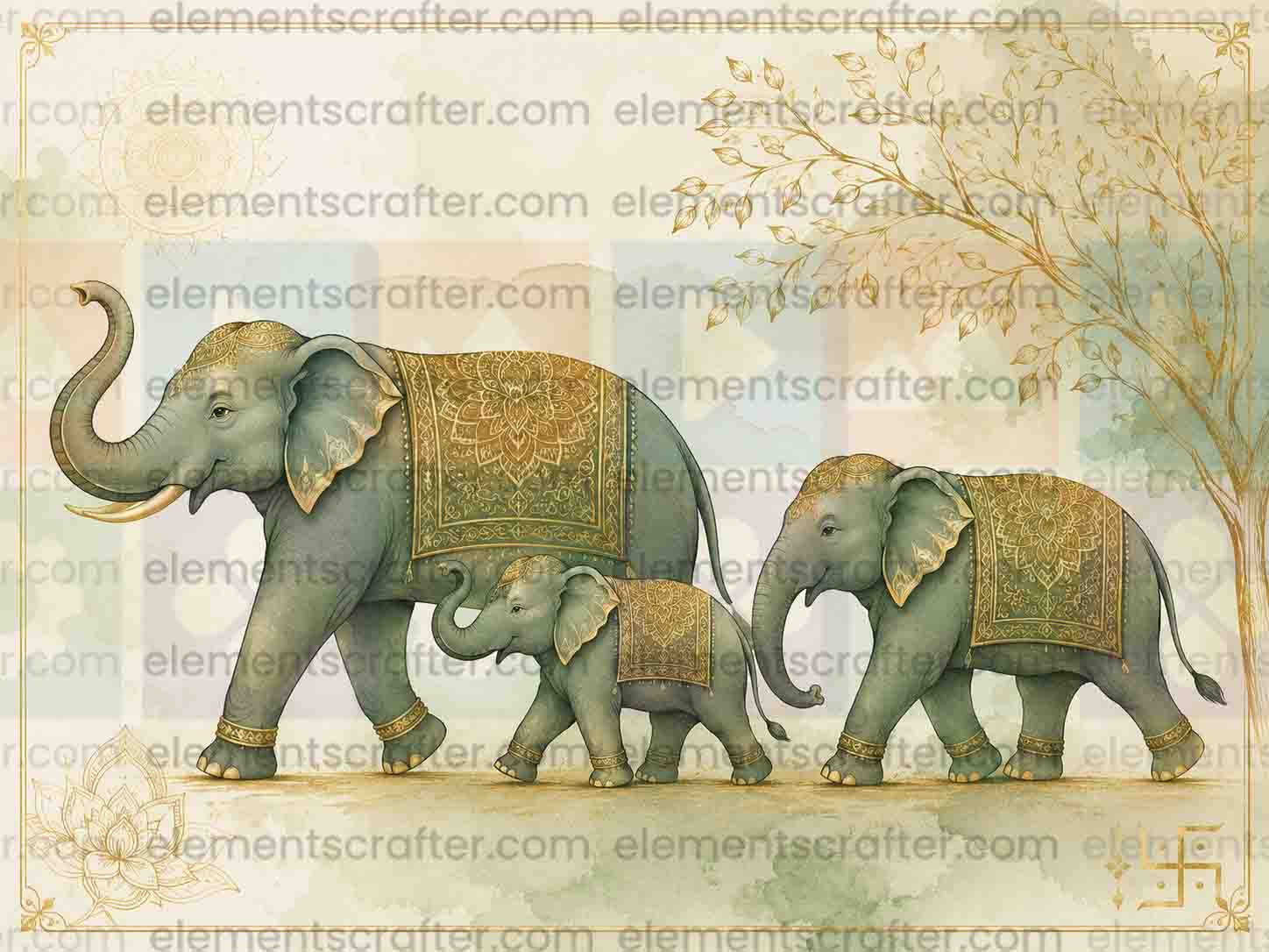 Elephant Family Watercolor Art PNG | Gold Mandala Indian Decor Painting | Auspicious Elephant Wall Art | Vastu Feng Shui Poster | Commercial Use | 14999x11249px 300DPI