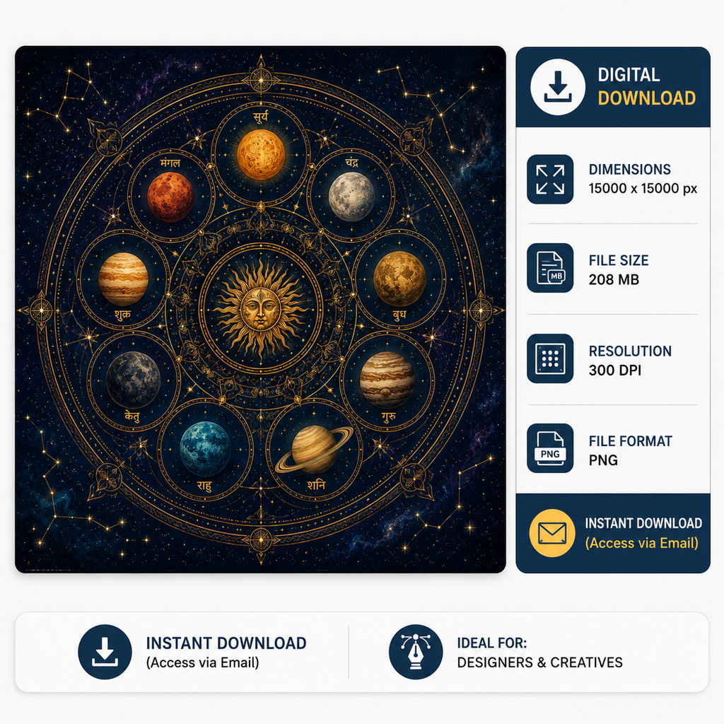 Navagraha Vedic astrology chart digital art with nine planets in Sanskrit, Surya Chandra Mangal celestial illustration, high resolution 300 DPI PNG wall art