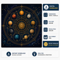 Navagraha Vedic astrology chart digital art with nine planets in Sanskrit, Surya Chandra Mangal celestial illustration, high resolution 300 DPI PNG wall art