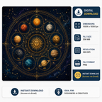Navagraha Vedic astrology chart digital art with nine planets in Sanskrit, Surya Chandra Mangal celestial illustration, high resolution 300 DPI PNG wall art