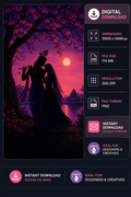 Radha Krishna silhouette digital art under cherry blossom tree at sunset with full moon and temple, high resolution 300 DPI PNG wall art
