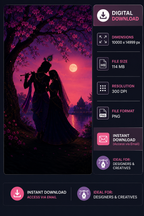 Radha Krishna silhouette digital art under cherry blossom tree at sunset with full moon and temple, high resolution 300 DPI PNG wall art