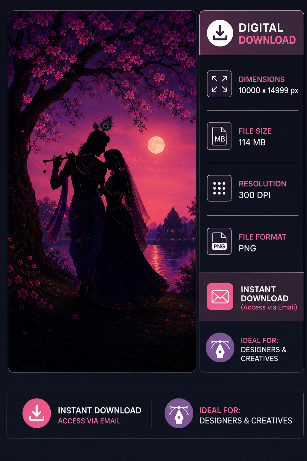 Radha Krishna silhouette digital art under cherry blossom tree at sunset with full moon and temple, high resolution 300 DPI PNG wall art