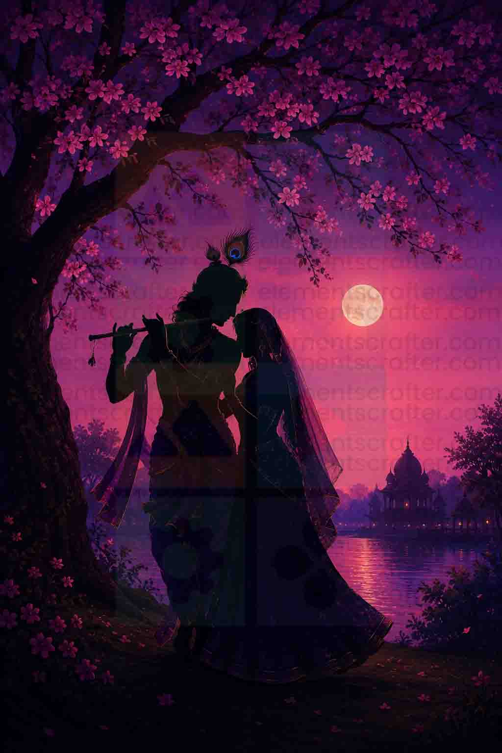 Radha Krishna Silhouette Art PNG | Romantic Sunset Cherry Blossom Digital Download | Divine Love Couple Wall Art | Spiritual Aesthetic Poster | Commercial Use | 10000x14999px 300DPI