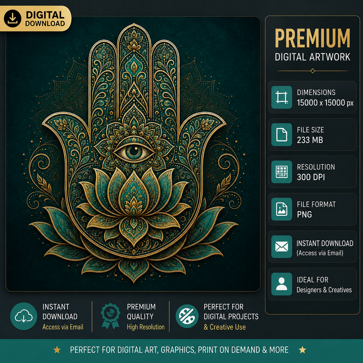 Hamsa hand digital art with evil eye and lotus flower mandala design in teal and gold, high resolution 300 DPI PNG wall art