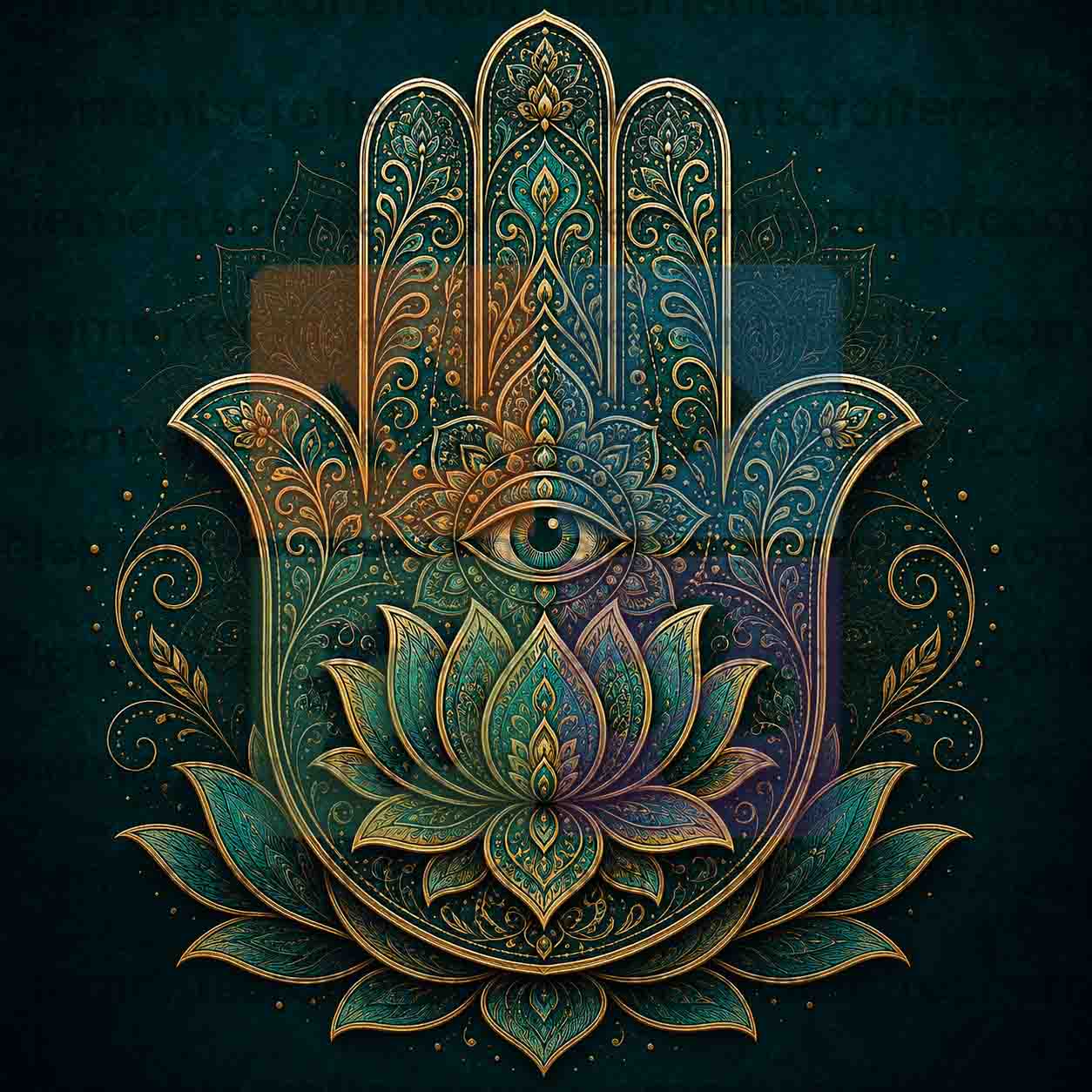 Hamsa Hand Digital Art PNG | Evil Eye Lotus Mandala Teal Gold Design | Protection Symbol Wall Art | Hand of Fatima Boho Poster | Commercial Use | 15000x15000px 300DPI