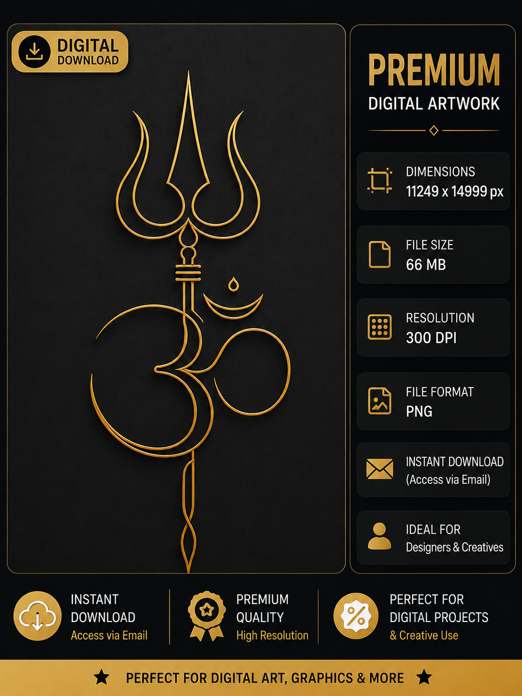 Om Trishul symbol digital art in gold embossed line art style on black background, minimalist Shiva spiritual design, high resolution 300 DPI PNG wall art