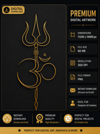 Om Trishul symbol digital art in gold embossed line art style on black background, minimalist Shiva spiritual design, high resolution 300 DPI PNG wall art