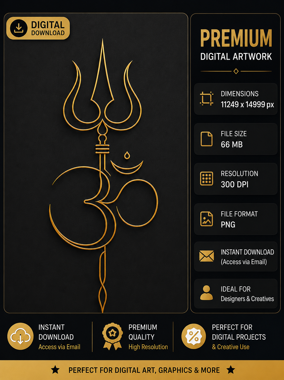 Om Trishul symbol digital art in gold embossed line art style on black background, minimalist Shiva spiritual design, high resolution 300 DPI PNG wall art