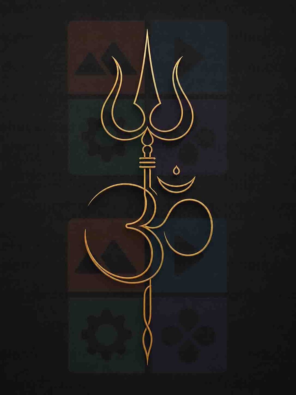 Om Trishul Digital Art PNG | Gold Line Art Shiva Symbol Black Background Design | Minimalist Spiritual Wall Art | Om Namah Shivaya Poster | Commercial Use | 11249x14999px 300DPI