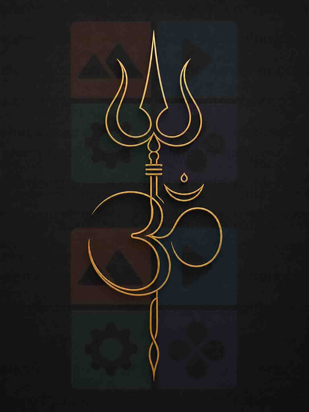 Om Trishul Digital Art PNG | Gold Line Art Shiva Symbol Black Background Design | Minimalist Spiritual Wall Art | Om Namah Shivaya Poster | Commercial Use | 11249x14999px 300DPI