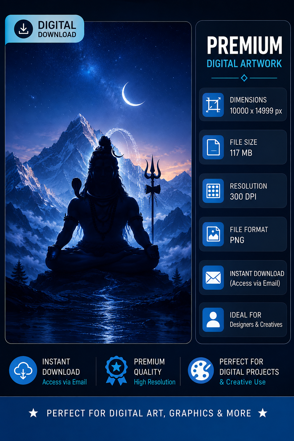 Lord Shiva meditating silhouette digital art on Himalayan mountain under starry night sky with crescent moon and trishul, high resolution 300 DPI PNG wall art